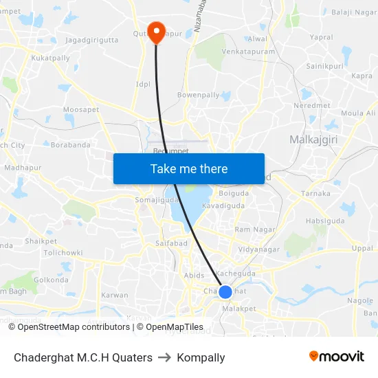 Chaderghat M.C.H Quaters to Kompally map