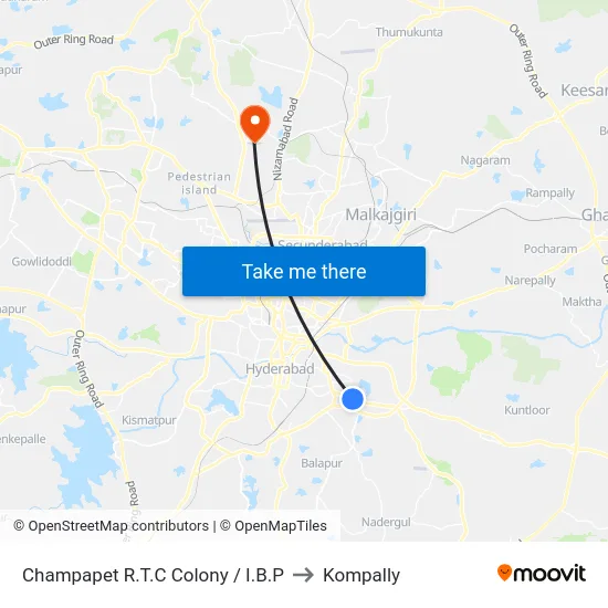 Champapet R.T.C Colony / I.B.P to Kompally map
