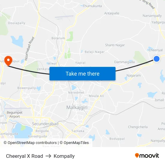 Cheeryal X Road to Kompally map