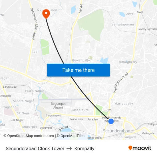 Secunderabad Clock Tower to Kompally map