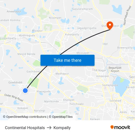 Continental Hospitals to Kompally map