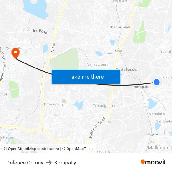 Defence Colony to Kompally map