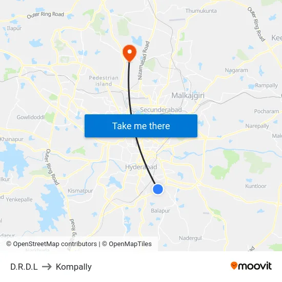 D.R.D.L to Kompally map