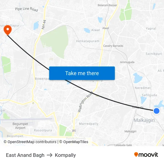 East Anand Bagh to Kompally map