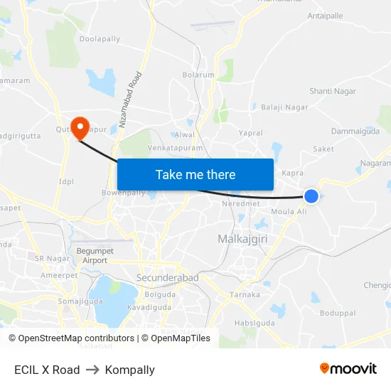ECIL X Road to Kompally map