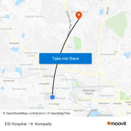ESI Hospital to Kompally map
