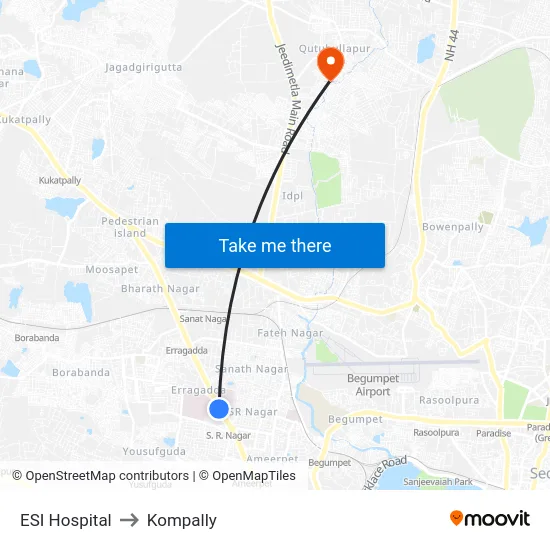 ESI Hospital to Kompally map