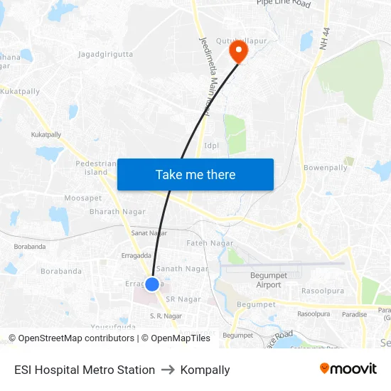 ESI Hospital Metro Station to Kompally map