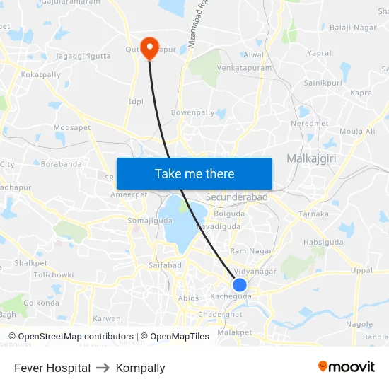 Fever Hospital to Kompally map