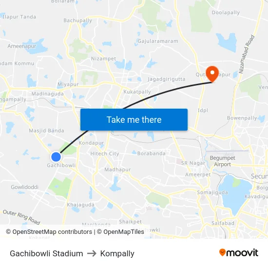 Gachibowli Stadium to Kompally map