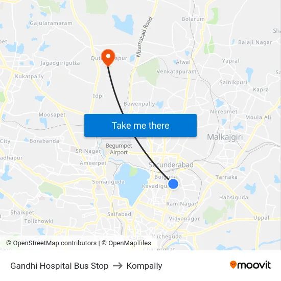 Gandhi Hospital Bus Stop to Kompally map