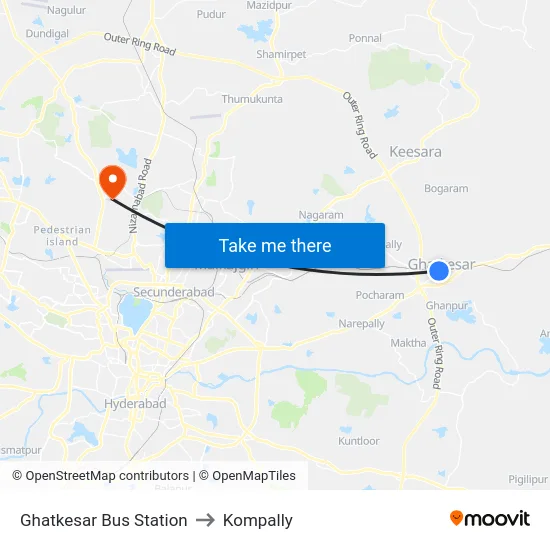 Ghatkesar Bus Station to Kompally map