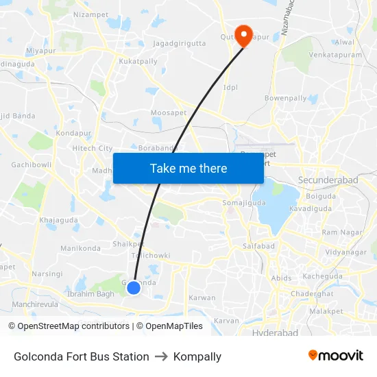 Golconda Fort Bus Station to Kompally map