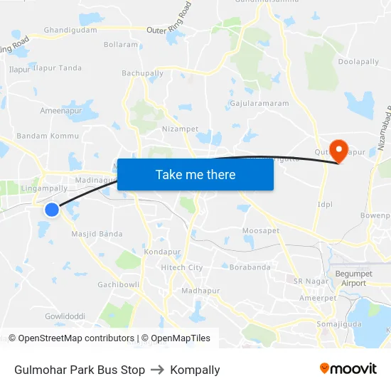 Gulmohar Park Bus Stop to Kompally map