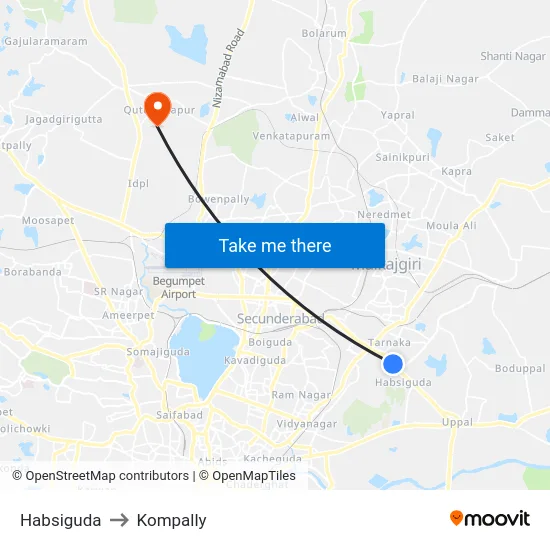 Habsiguda to Kompally map