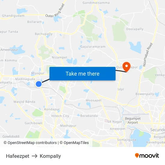 Hafeezpet to Kompally map