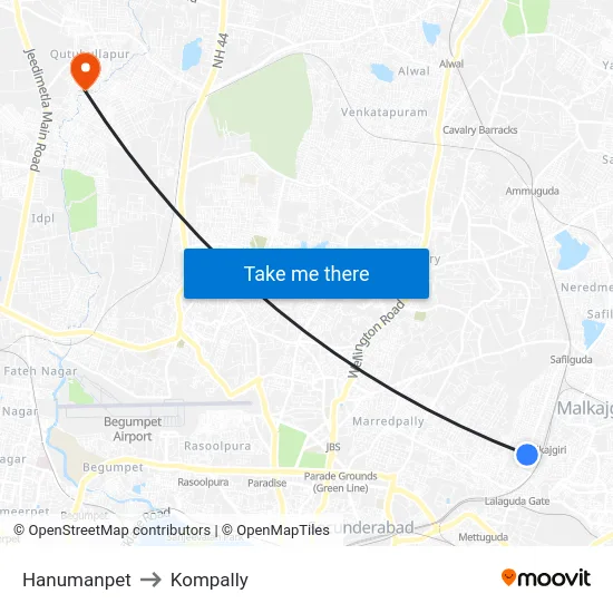 Hanumanpet to Kompally map