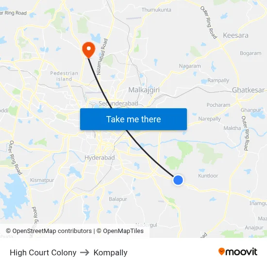 High Court Colony to Kompally map