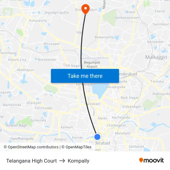 Telangana High Court to Kompally map
