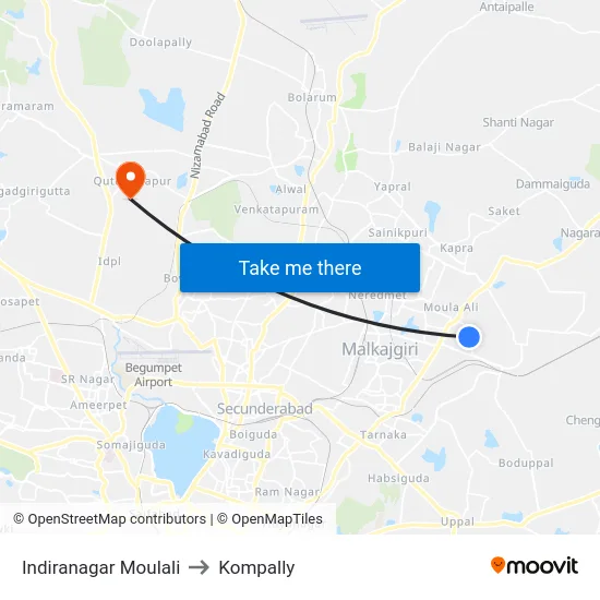 Indiranagar Moulali to Kompally map