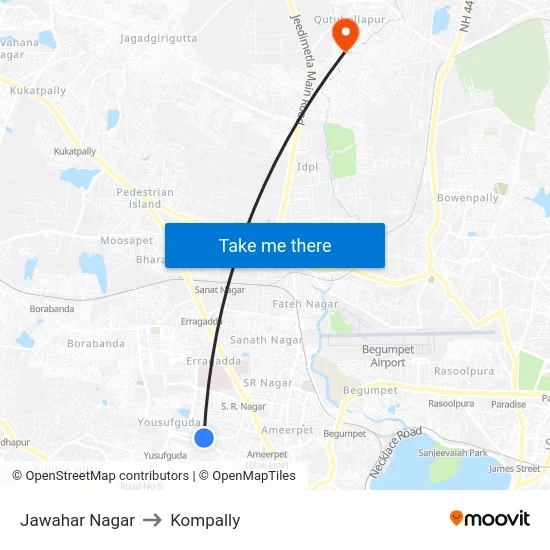 Jawahar Nagar to Kompally map