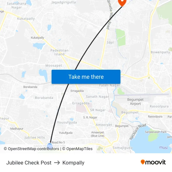 Jubilee Check Post to Kompally map