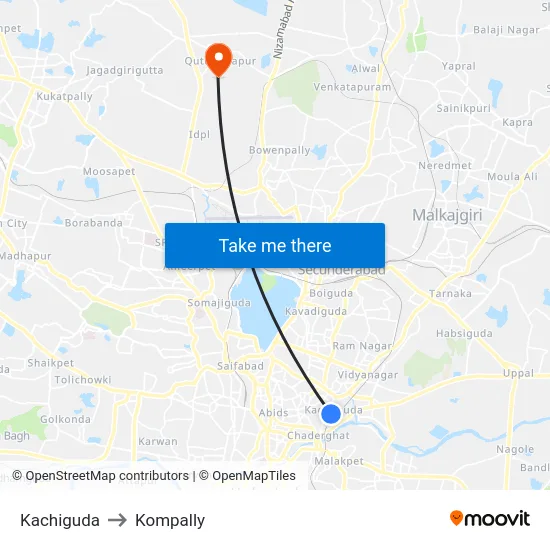 Kachiguda to Kompally map