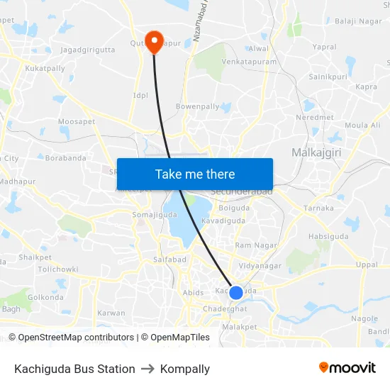 Kachiguda Bus Station to Kompally map