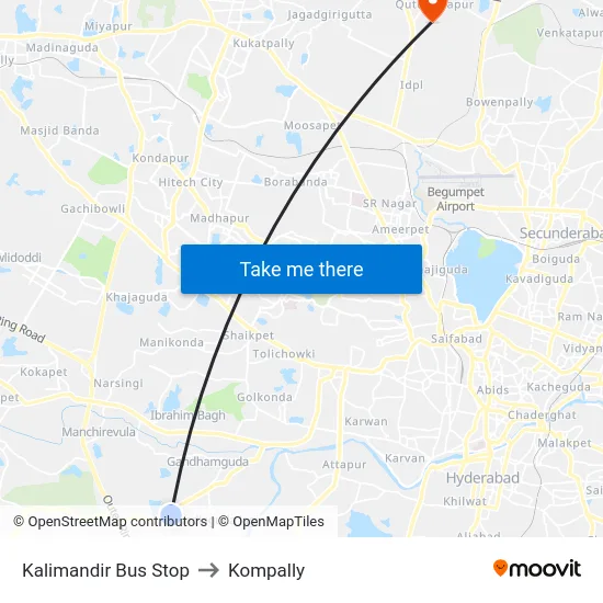 Kalimandir Bus Stop to Kompally map