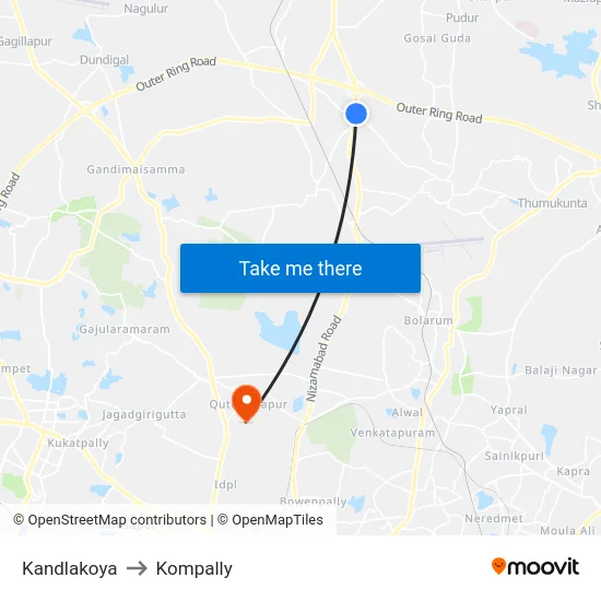 Kandlakoya to Kompally map