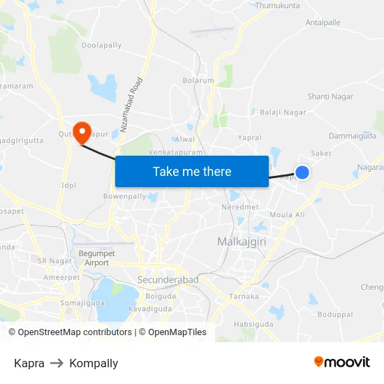 Kapra to Kompally map