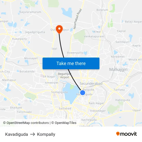 Kavadiguda to Kompally map
