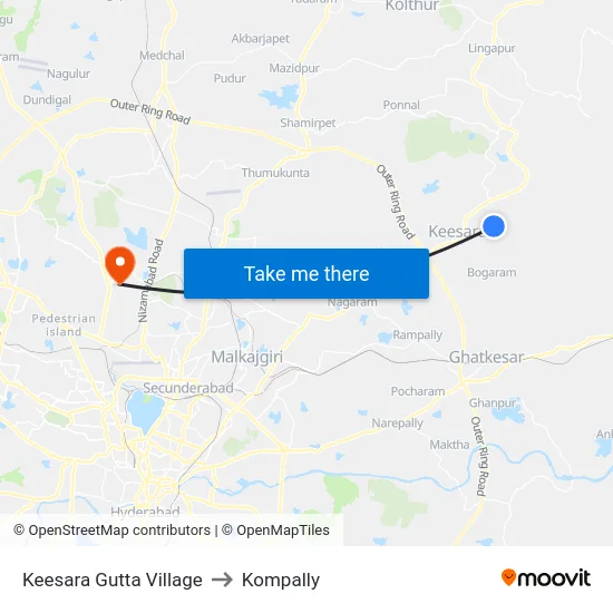 Keesara Gutta Village to Kompally map