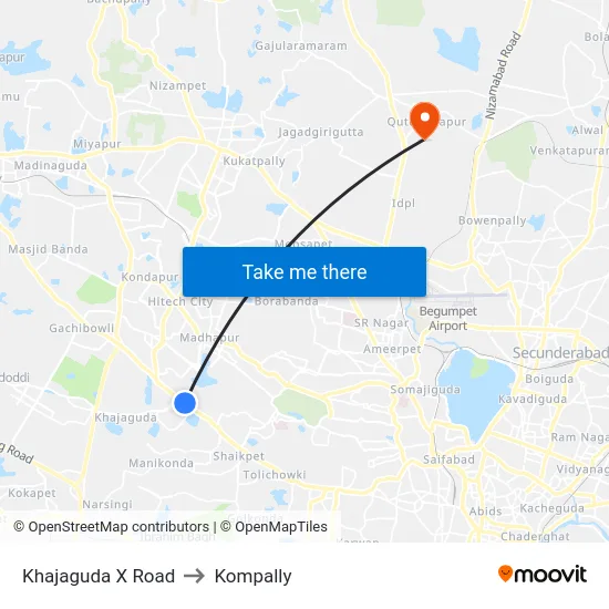 Khajaguda X Road to Kompally map