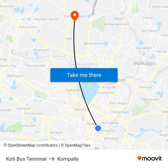 Koti Bus Terminal to Kompally map