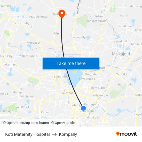 Koti Maternity Hospital to Kompally map