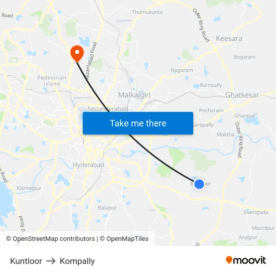 Kuntloor to Kompally map