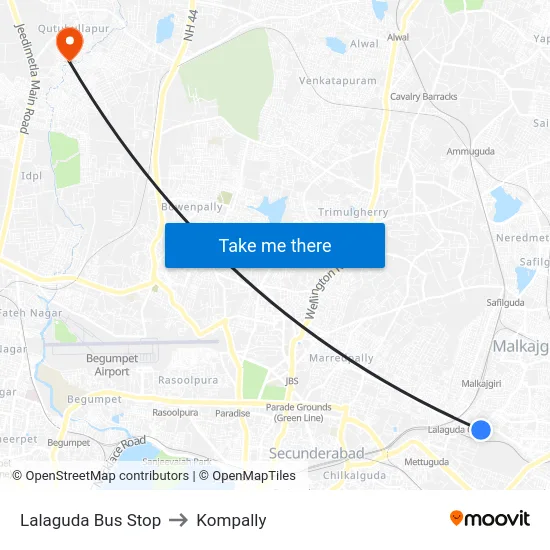 Lalaguda Bus Stop to Kompally map