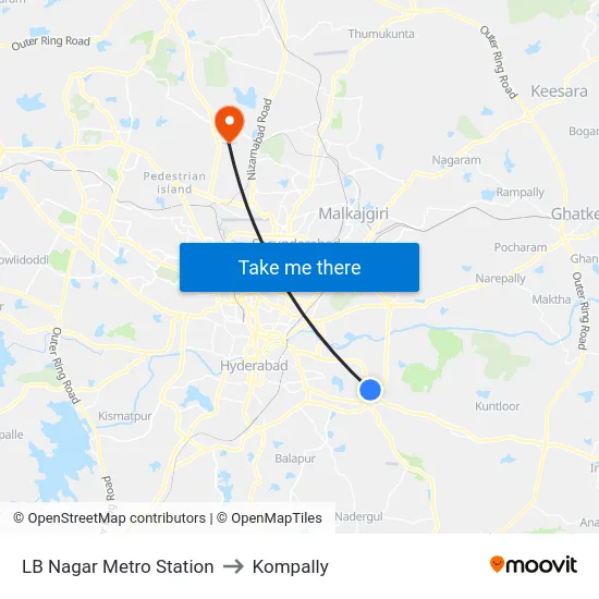 LB Nagar Metro Station to Kompally map