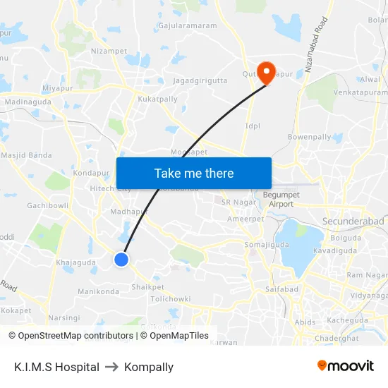K.I.M.S Hospital to Kompally map
