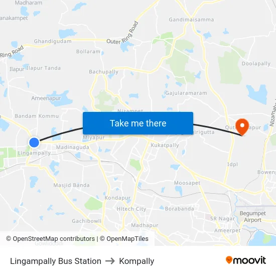 Lingampally Bus Station to Kompally map