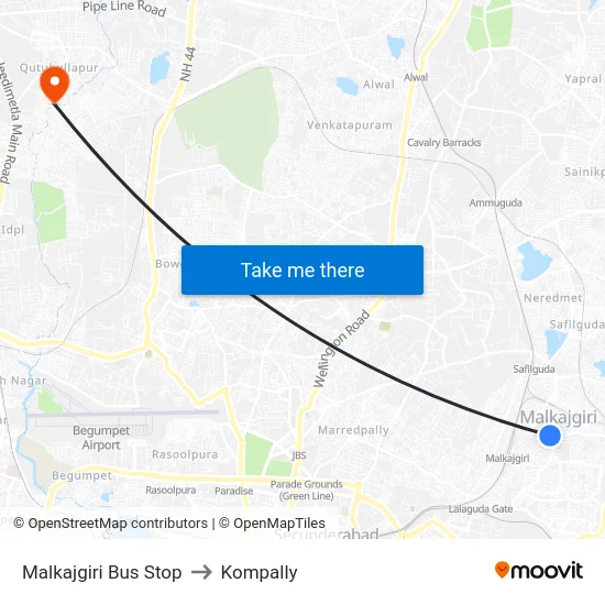 Malkajgiri Bus Stop to Kompally map