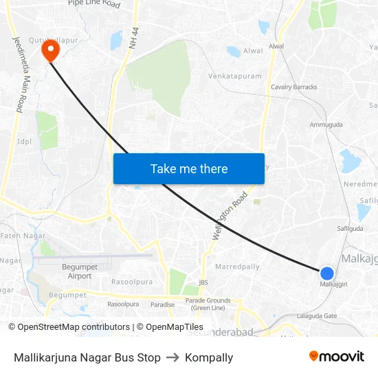 Mallikarjuna Nagar Bus Stop to Kompally map