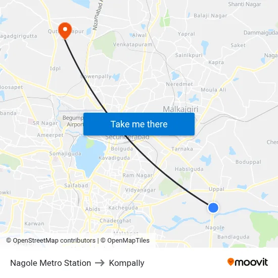Nagole Metro Station to Kompally map