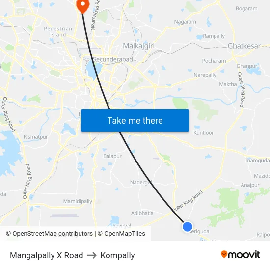 Mangalpally X Road to Kompally map