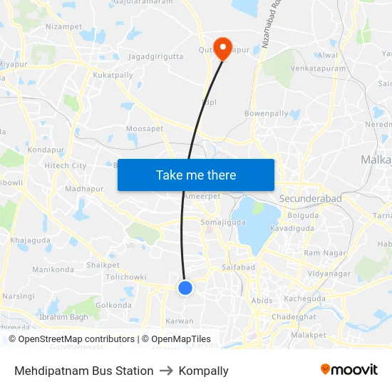 Mehdipatnam Bus Station to Kompally map