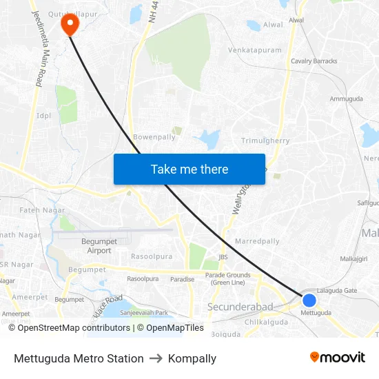 Mettuguda Metro Station to Kompally map