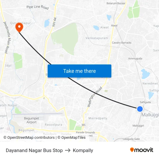 Dayanand Nagar Bus Stop to Kompally map