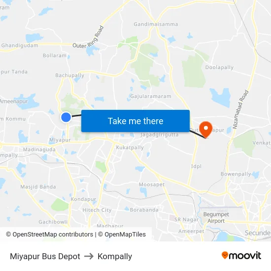 Miyapur Bus Depot to Kompally map