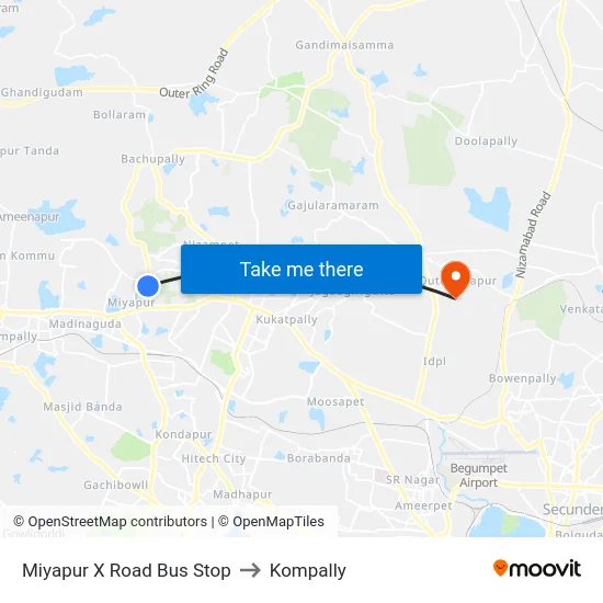 Miyapur X Road Bus Stop to Kompally map
